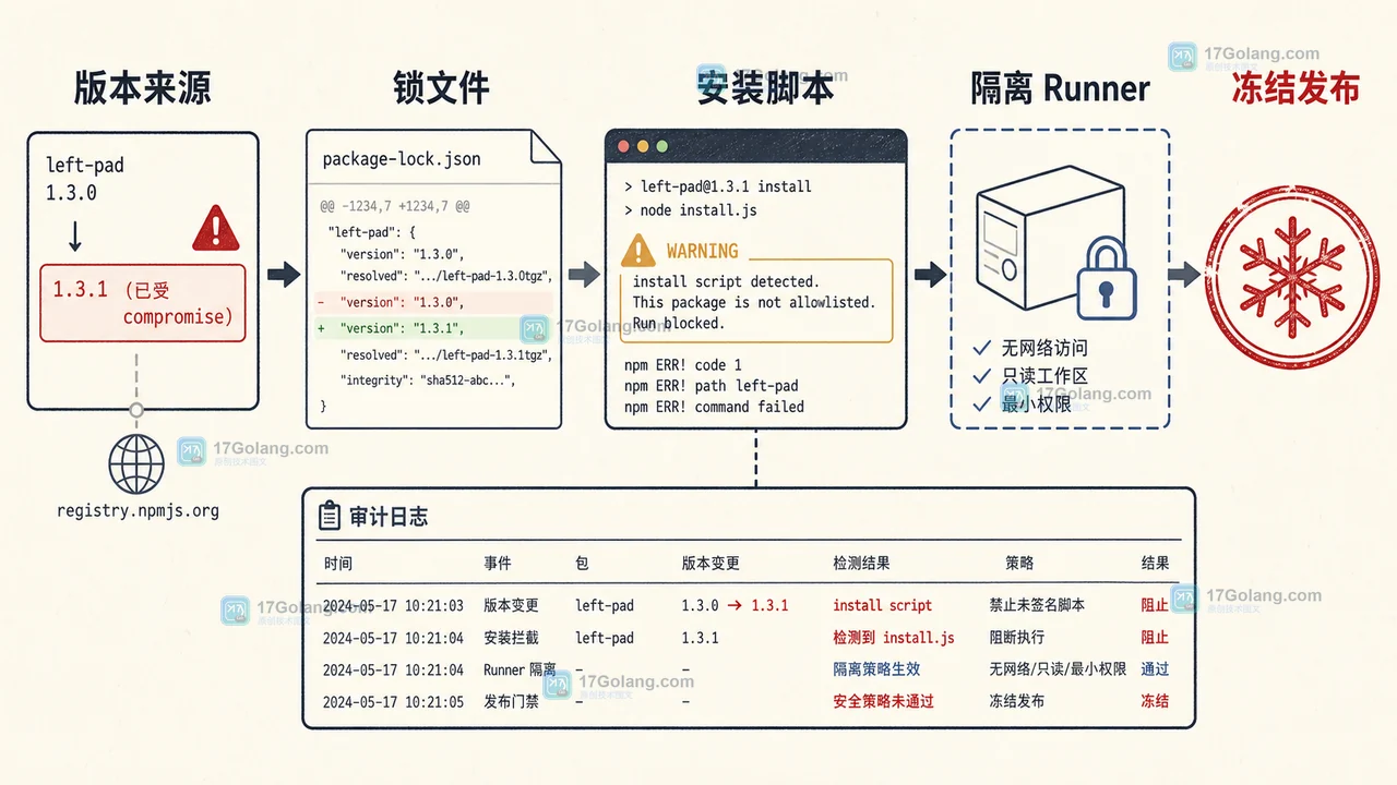 Axios 依赖发布门禁证据链,展示锁文件、安装脚本、CI runner 与处置动作