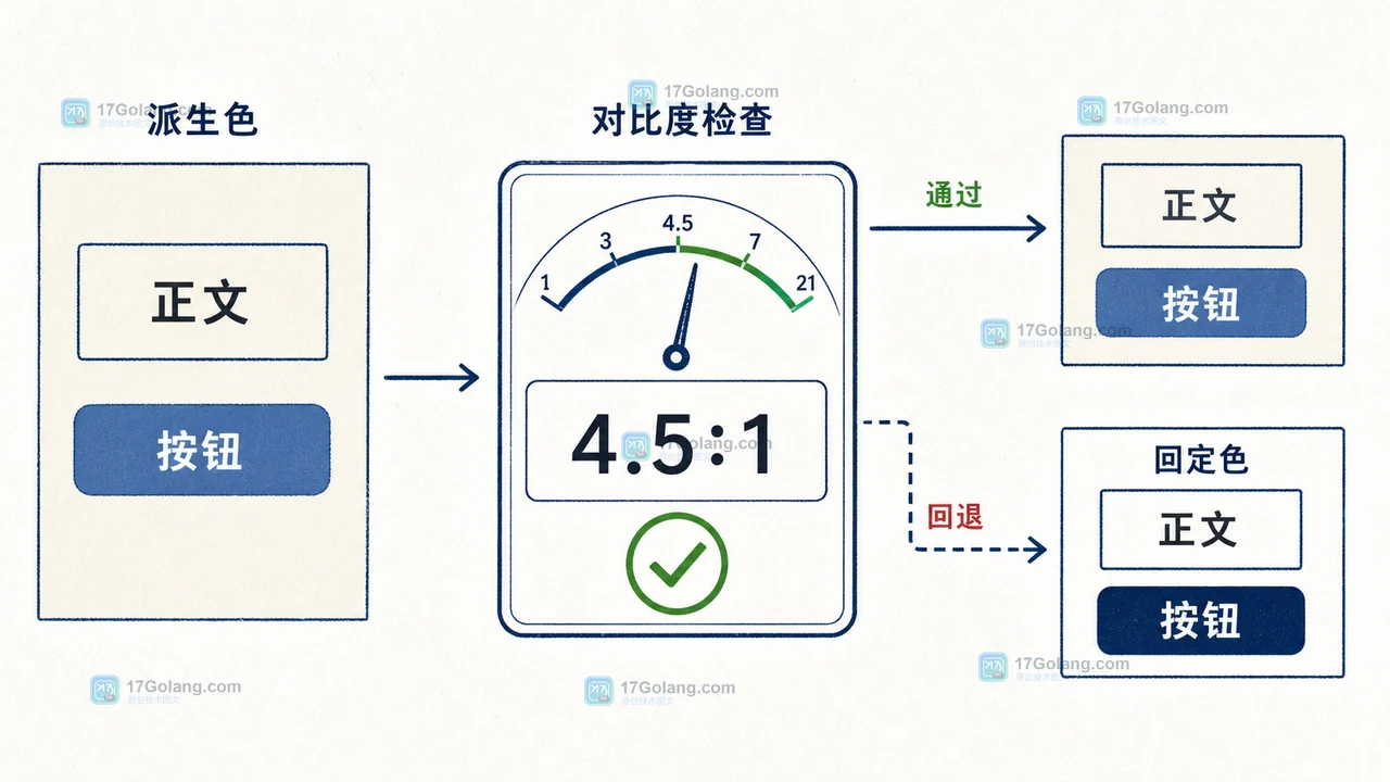 CSS 主题色派生后的对比度预算与 4.5 比 1 验收阈值示意图