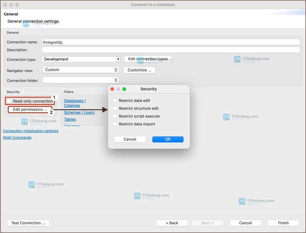 DBeaver 官方连接配置 Security 区域的 Read-only connection 与 Edit permissions 界面