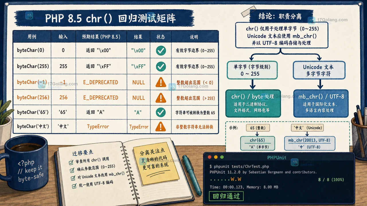 PHP 8.5 chr 字节范围回归测试覆盖 0 255 越界值和 UTF-8 文本边界的检查路径