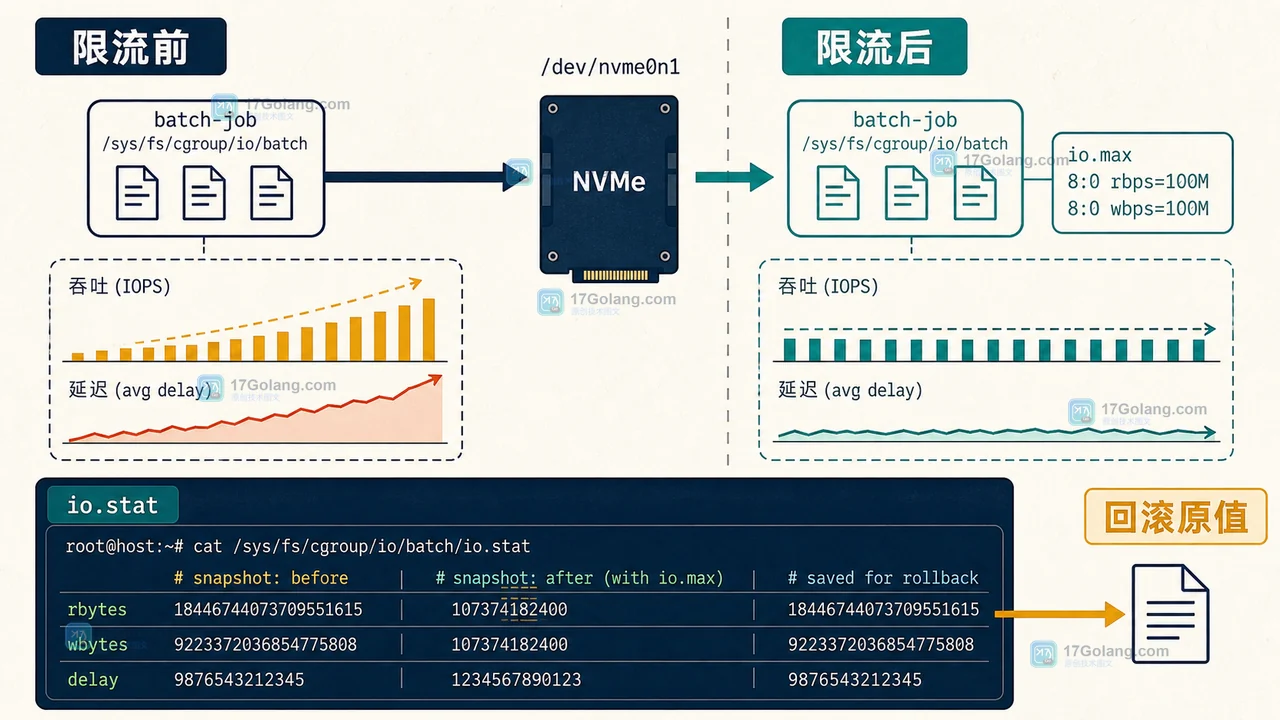 io.stat 限流验收:对比 rbytes、wbytes 与 I/O 延迟,确认批处理降速且线上服务恢复