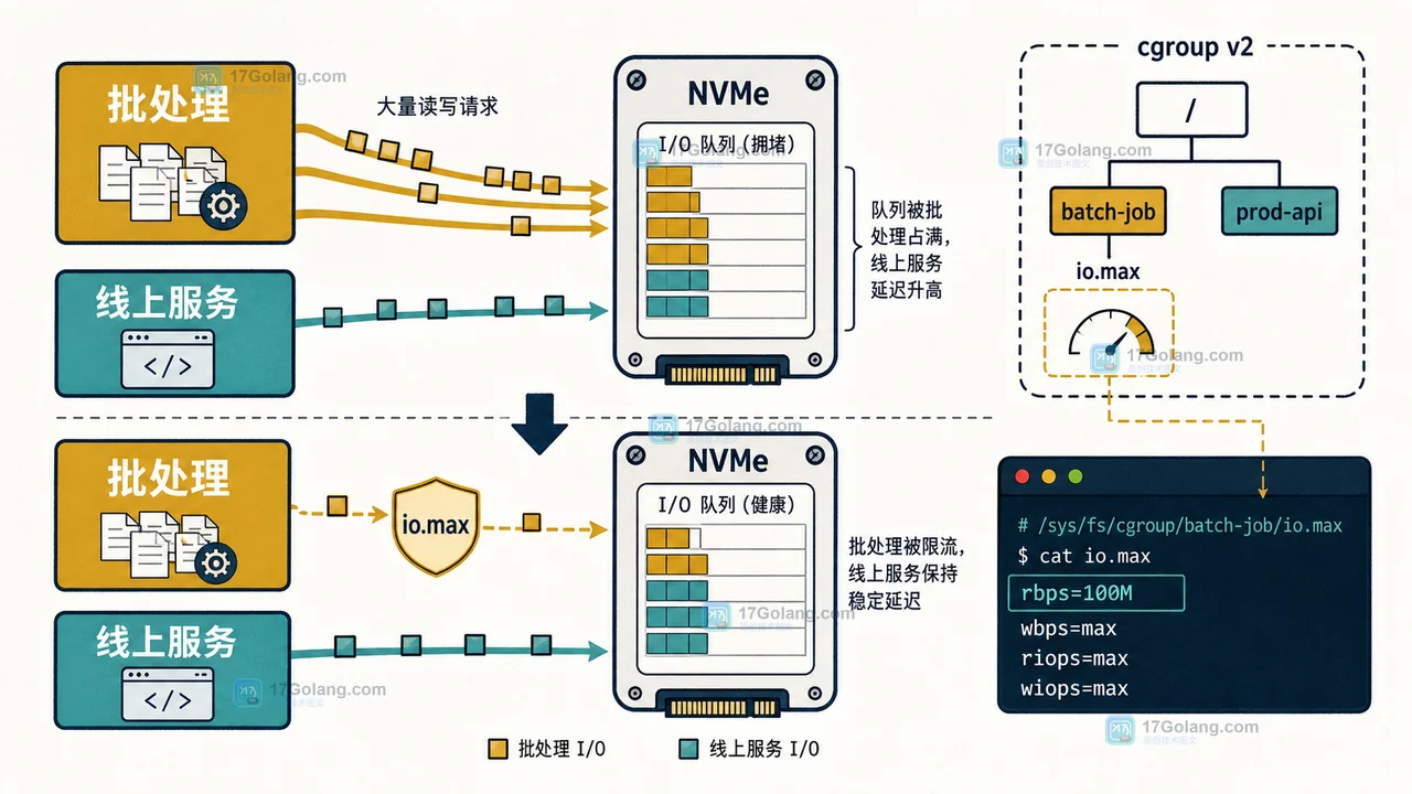 Linux cgroup v2 io.max 设备号怎么核对：NVMe 批处理限速与 io.stat 复测