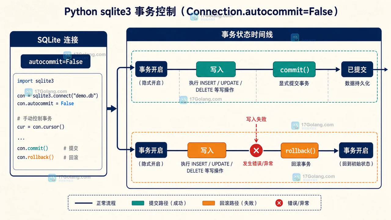 Python sqlite3 autocommit=False 下写入成功提交、写入失败回滚的事务状态时间线