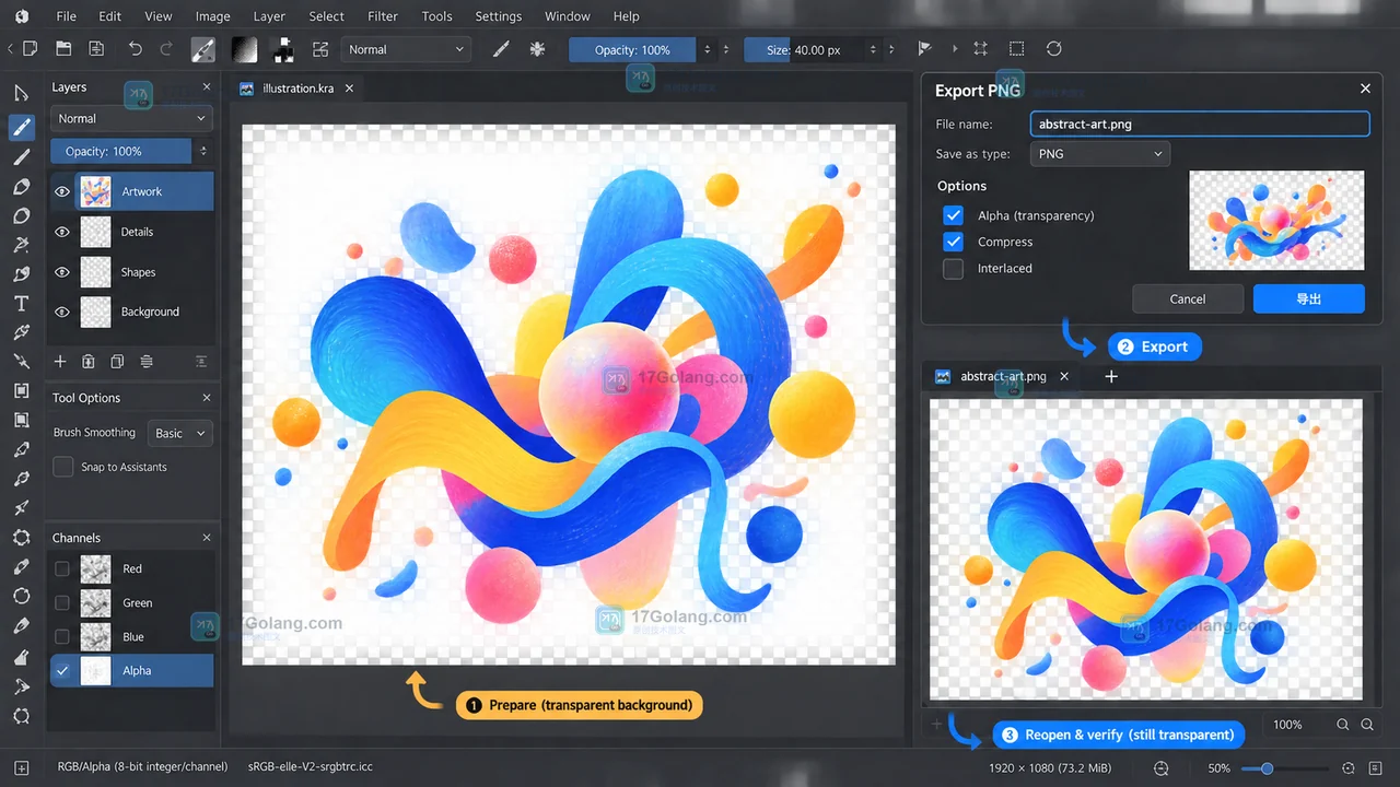 Krita PNG 导出对话框与重新打开后的透明棋盘格结果核对