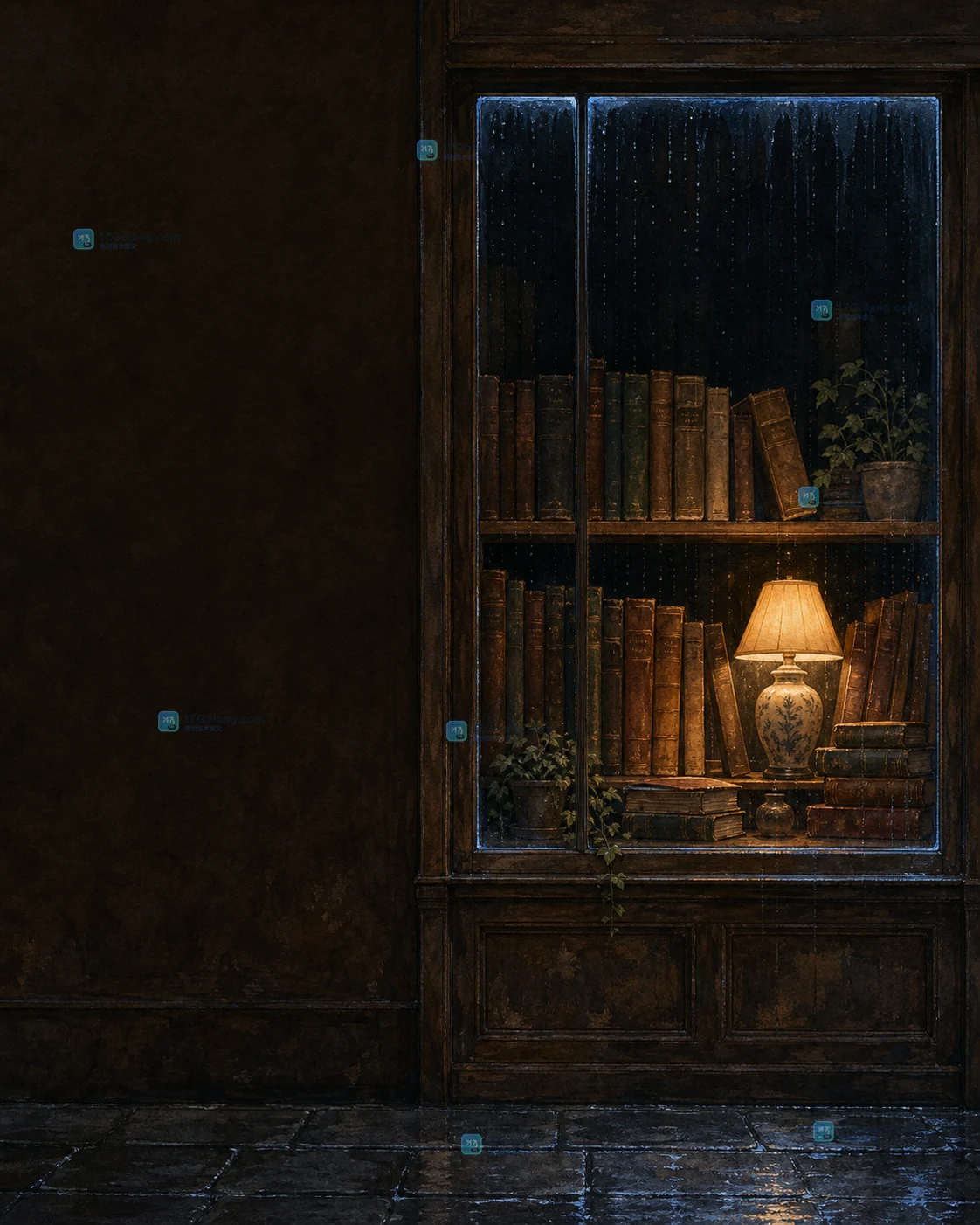 雨后旧书店橱窗插画暖光留白变体,琥珀灯光集中在书架并保留上方标题空间