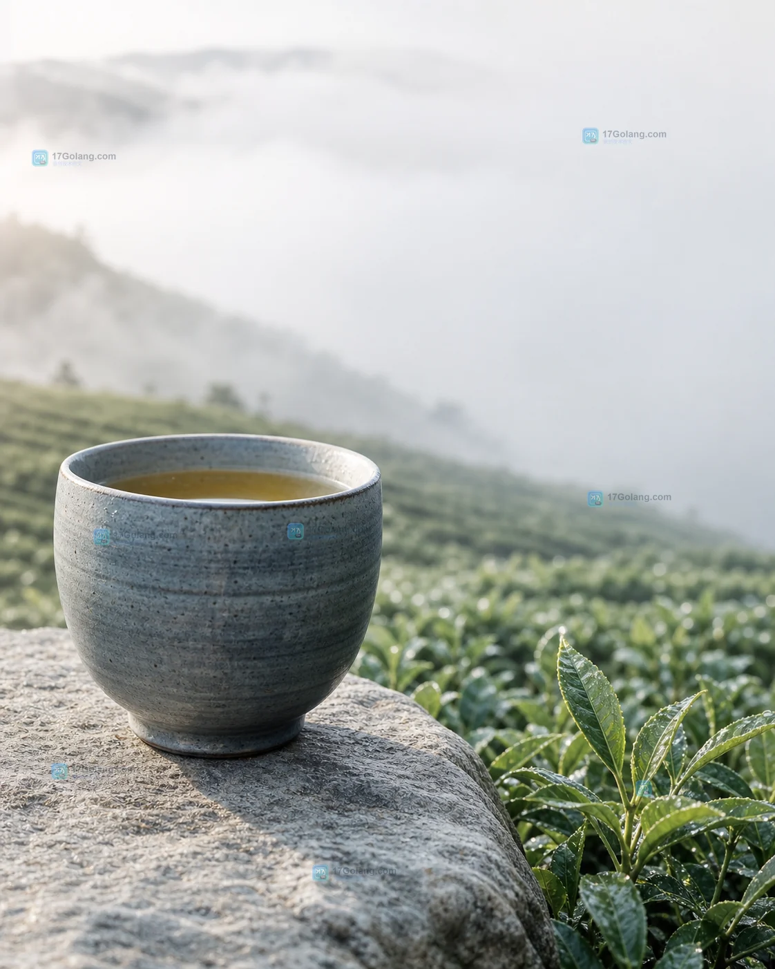 晨雾茶园中左侧摆放手作陶杯的产品摄影主成片