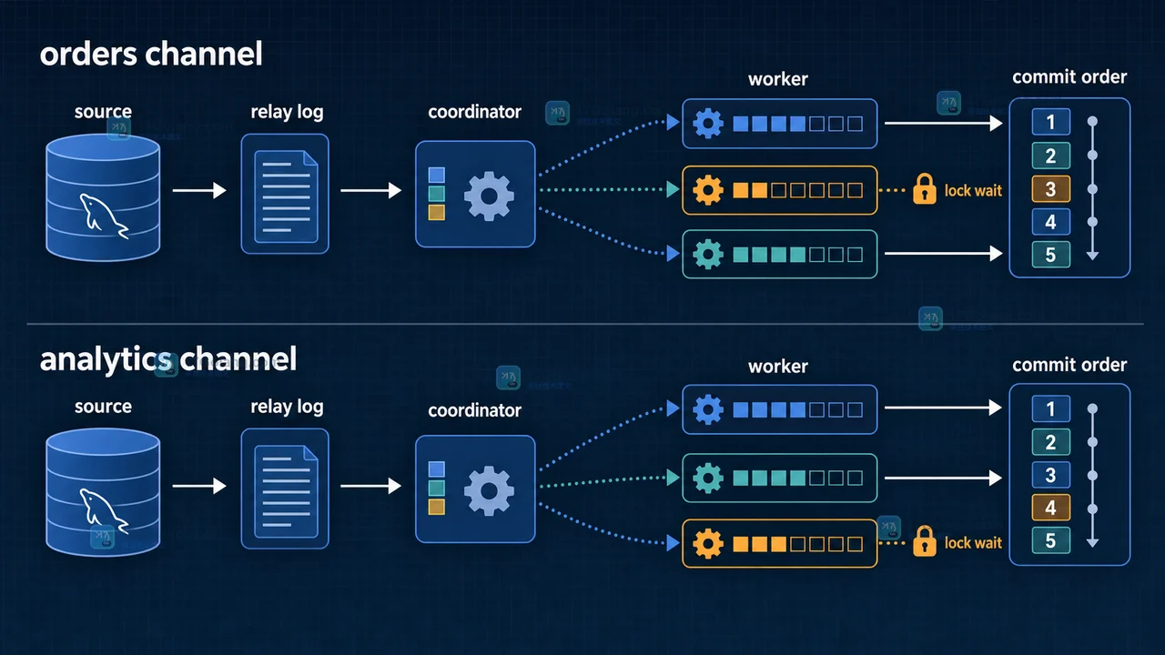 MySQL 8.4 并行复制中 coordinator 分发事务、多个 worker 等待热点锁并按提交顺序落盘的示意图