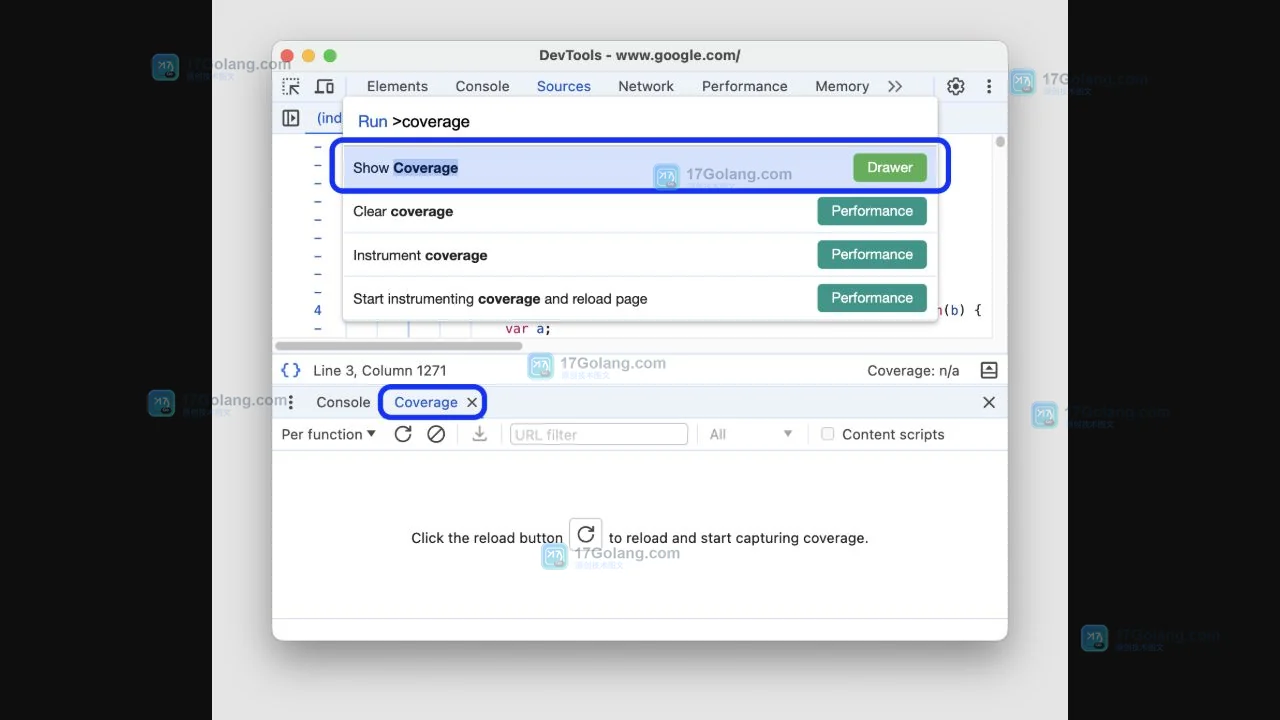 Chrome DevTools Coverage 面板入口与 Reload 采集按钮官方界面截图