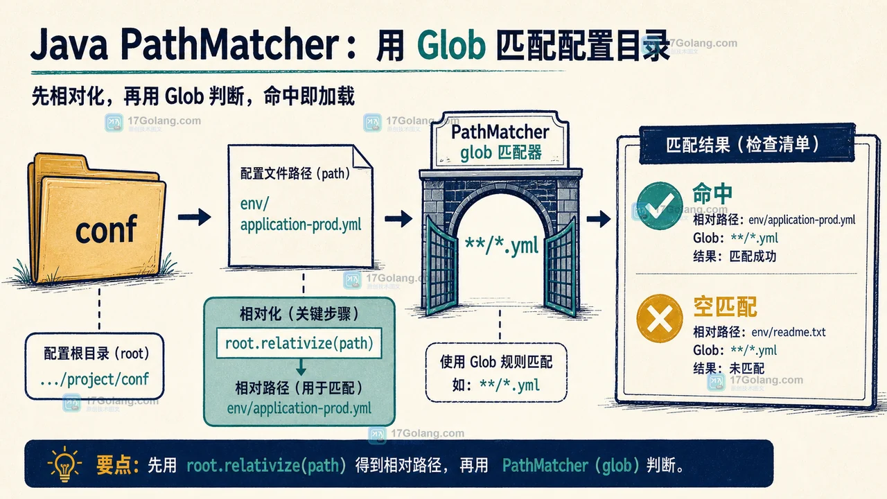 Java PathMatcher glob 怎么筛配置文件：glob 规则、相对路径与空匹配排查