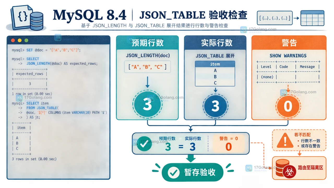 MySQL 8.4 JSON_TABLE 怎么展开事件数组：列定义、异常策略与行数验收