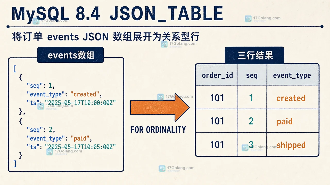 JSON_TABLE 将订单 events 数组展开成带序号的事件行,展示输入数组、三行结果和行数核对