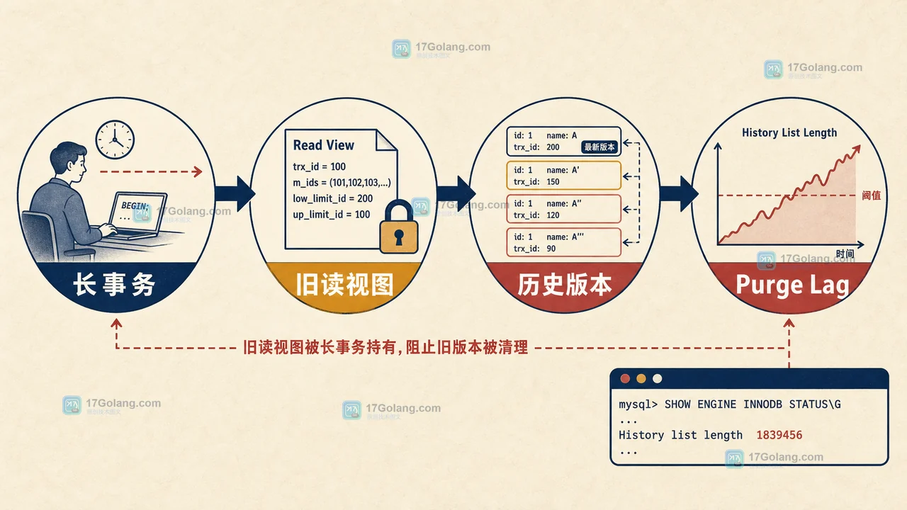 InnoDB history list length 太高怎么定位：purge lag、长事务与 sys 表核对