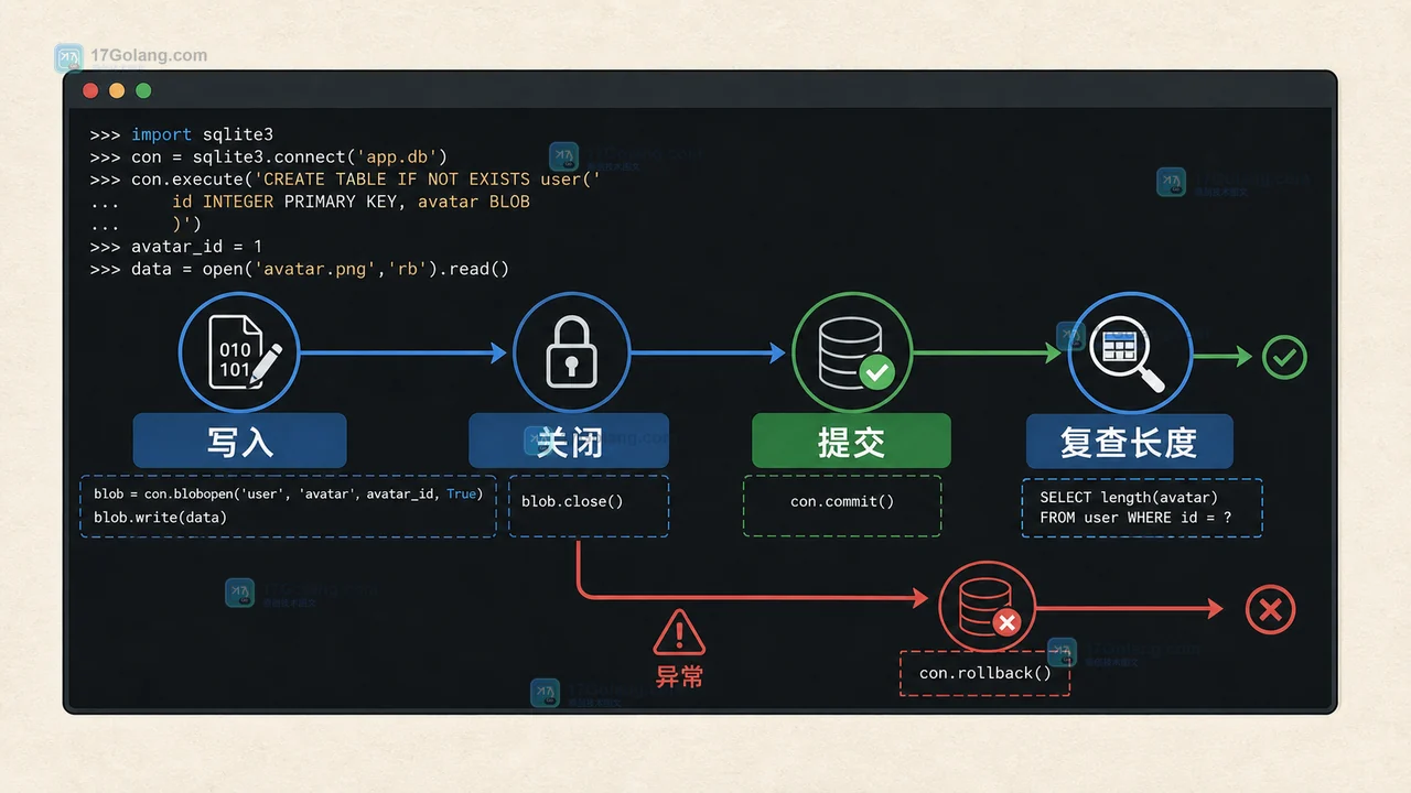 Python SQLite BLOB 分块写入后关闭 Blob、提交事务并复查长度的决策路径插画