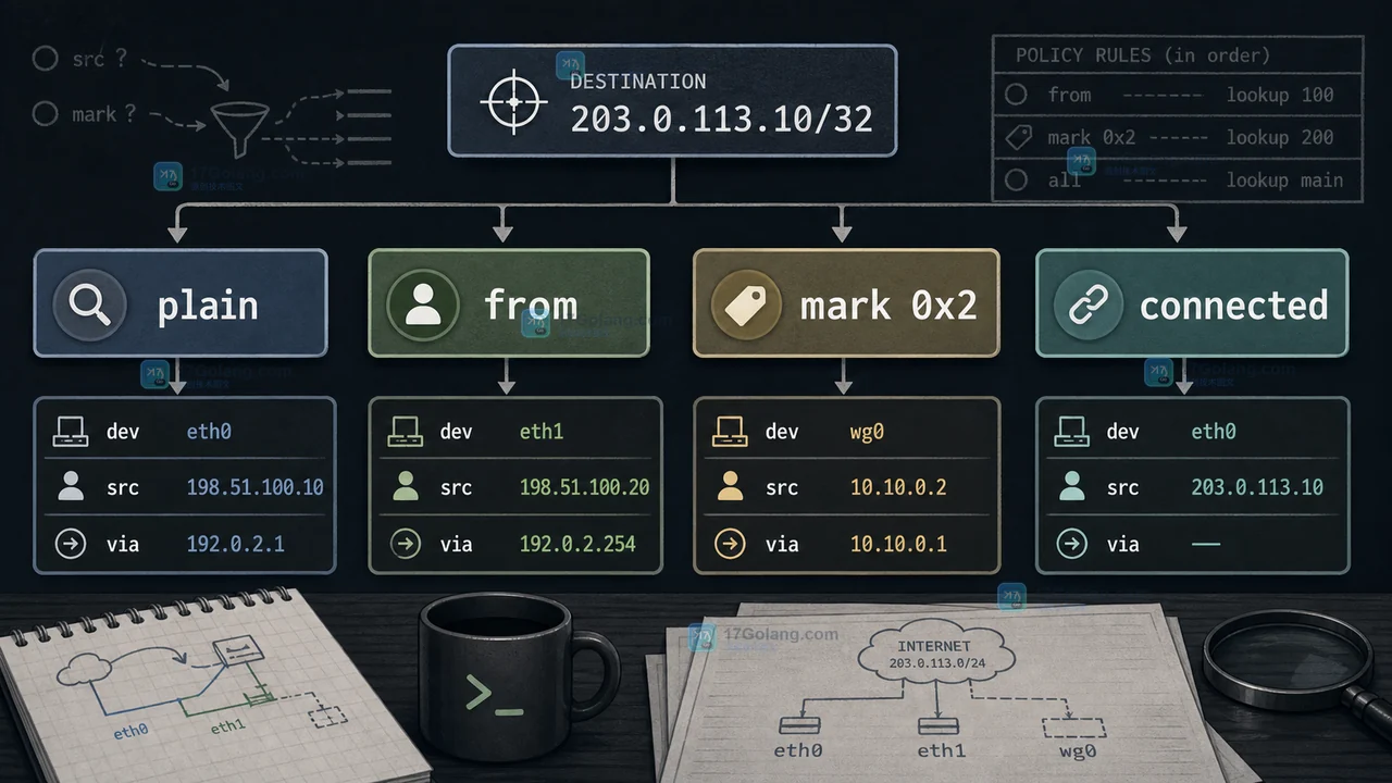 Linux ip route get 怎么确认出站网卡和源地址：策略路由、mark 与连通性核对
