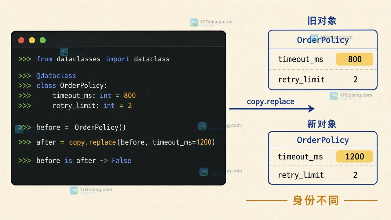 Python copy.replace 从旧的订单策略对象生成新对象并核对对象身份的流程
