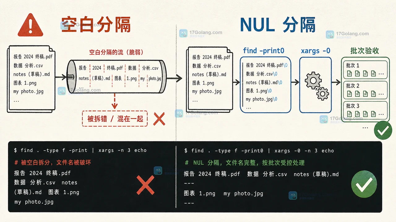 Linux xargs -0 怎么安全处理特殊文件名：find -print0、批量参数与删除边界