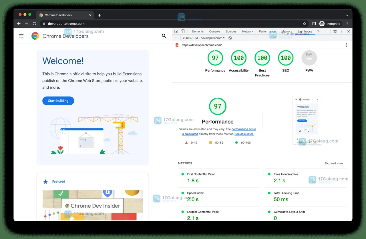 Chrome DevTools Lighthouse 报告展示 Performance、Accessibility 等分数与指标区域