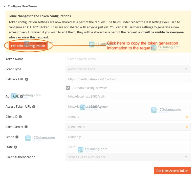 Postman OAuth 2.0 配置界面的真实截图,展示 Authorization Code 与 Get New Access Token 操作区域