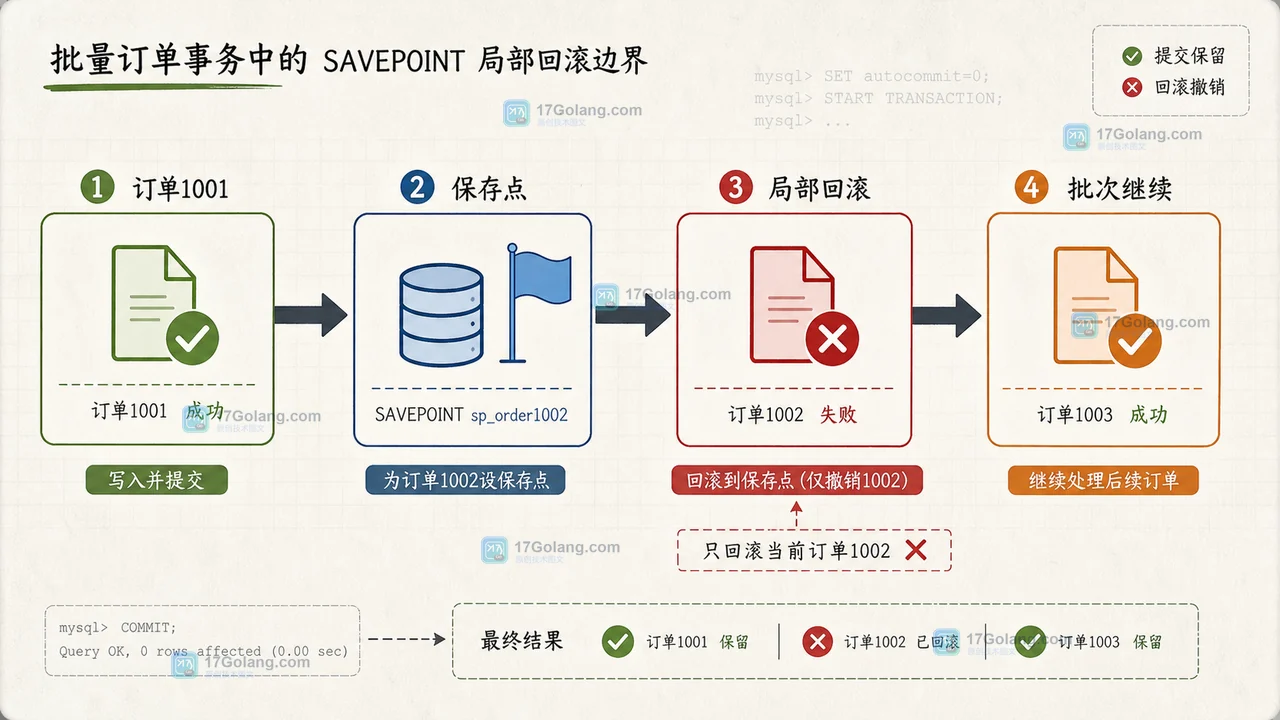 MySQL SAVEPOINT 局部回滚怎么用：批量订单处理的事务边界与失败重试