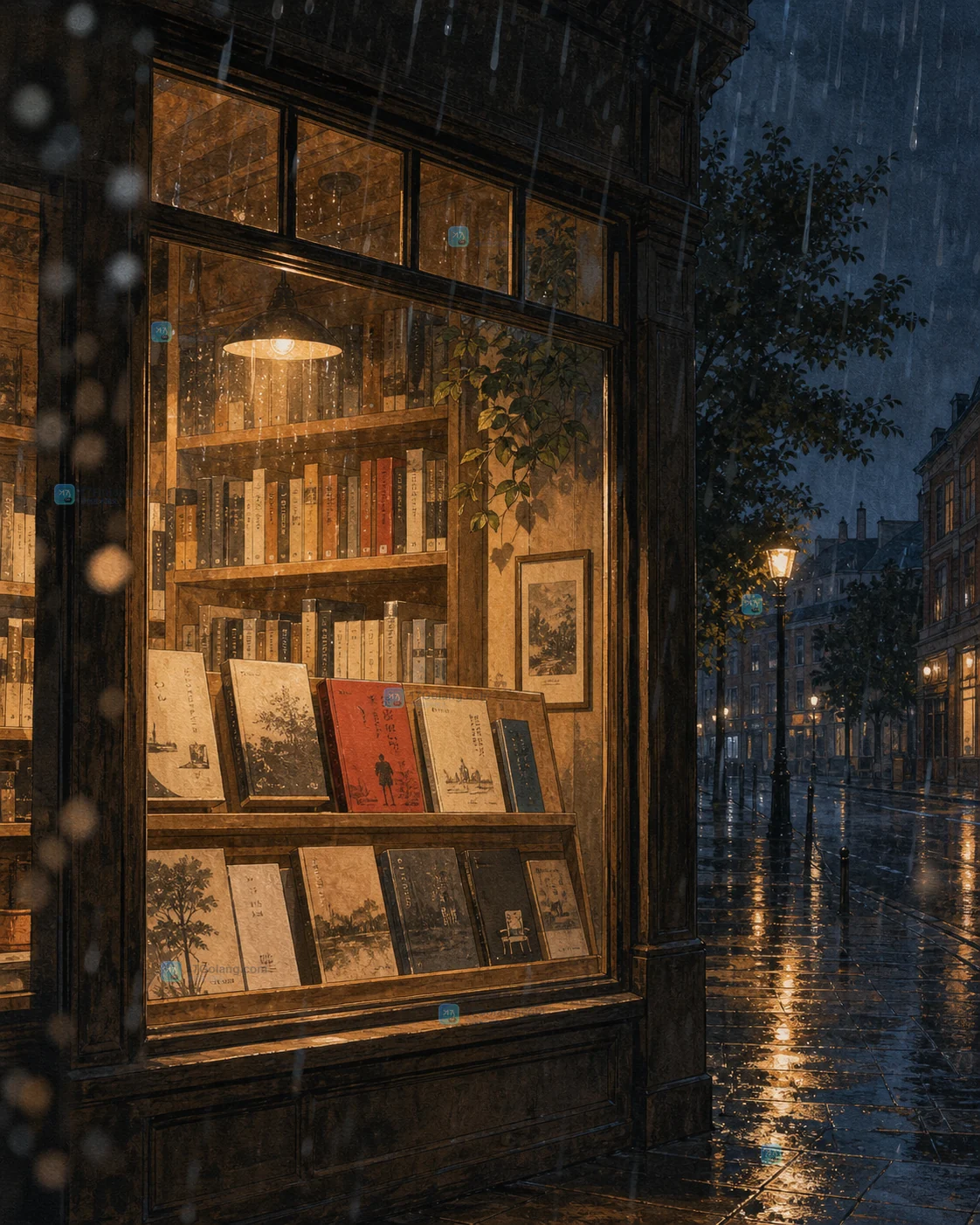 雨夜书店橱窗海报怎么画：中英文完整提示词与横版留白变体