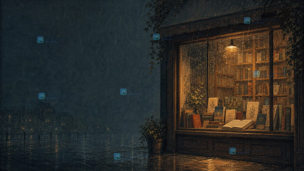 雨夜书店橱窗横版留白变体:主体靠右,左侧保留深蓝灰标题空间