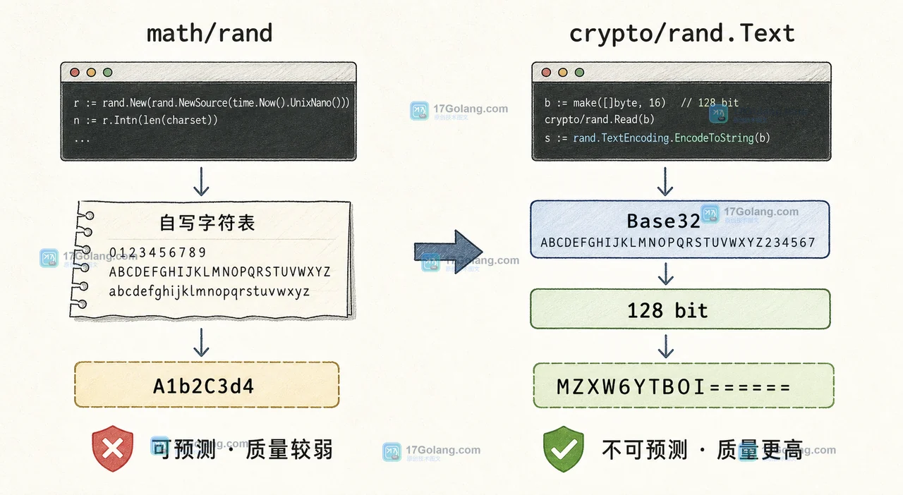 Go crypto/rand.Text 怎么替代自写邀请码：版本门槛、字符集与回归验收
