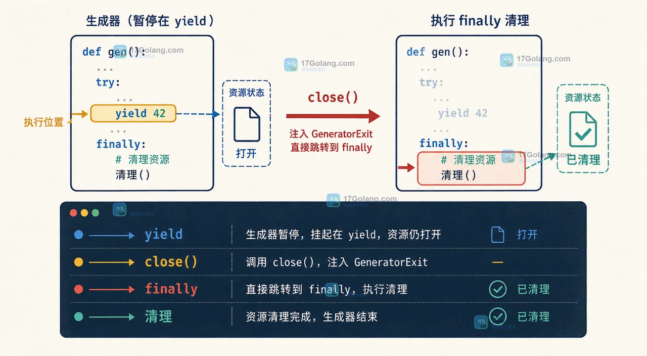 Python 生成器提前停止怎么保证资源释放：close()、finally 与回归测试