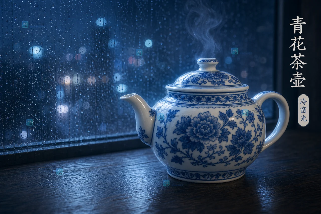 雨夜窗边的青花瓷茶壶静物插画怎么做：中英提示词与改词示例