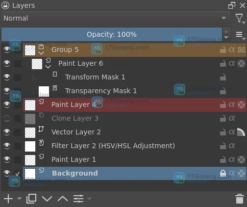 Krita 图层组只看局部怎么恢复：Alt 单击隔离与混合边界