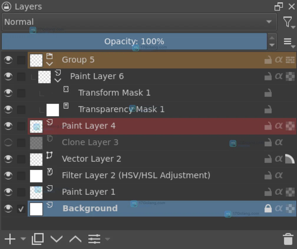 Krita 图层组关闭后仍有背景：Layers Docker 组外图层检查