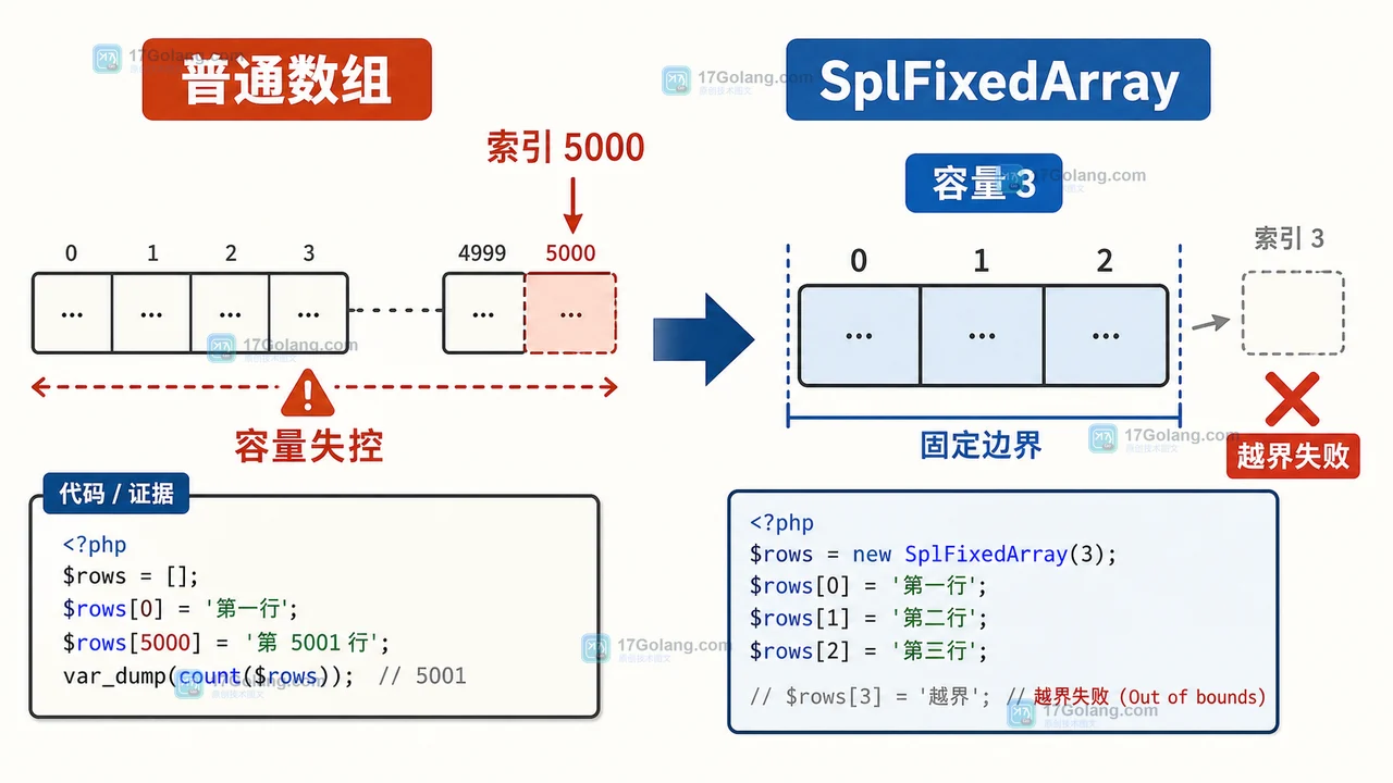 PHP SplFixedArray 什么时候值得用：索引边界、内存取舍与 JSON 转换