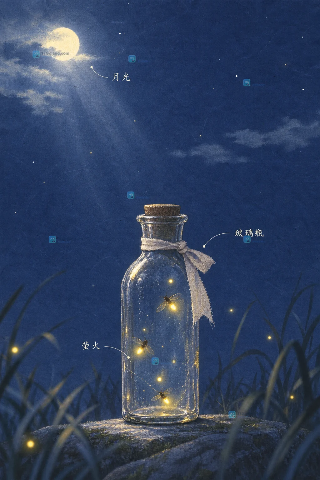 夏夜萤火玻璃瓶书签插画海报怎么画：中英文提示词与竖版留白变体
