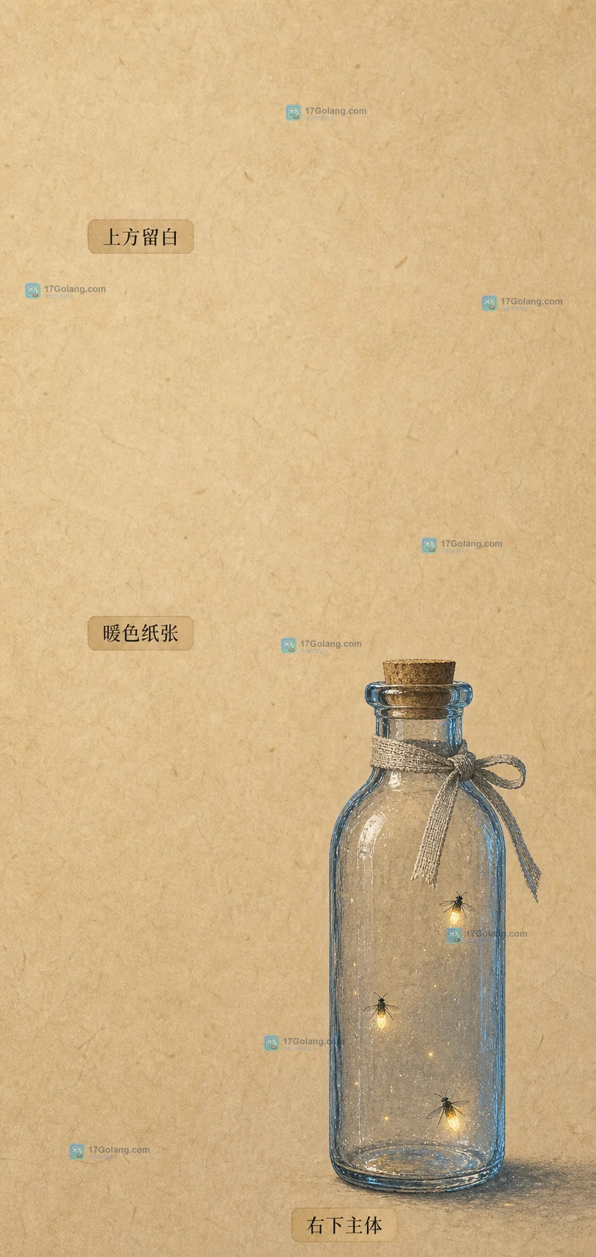 萤火玻璃瓶书签插画变体:主体移到右下角并保留上方暖色纸张留白
