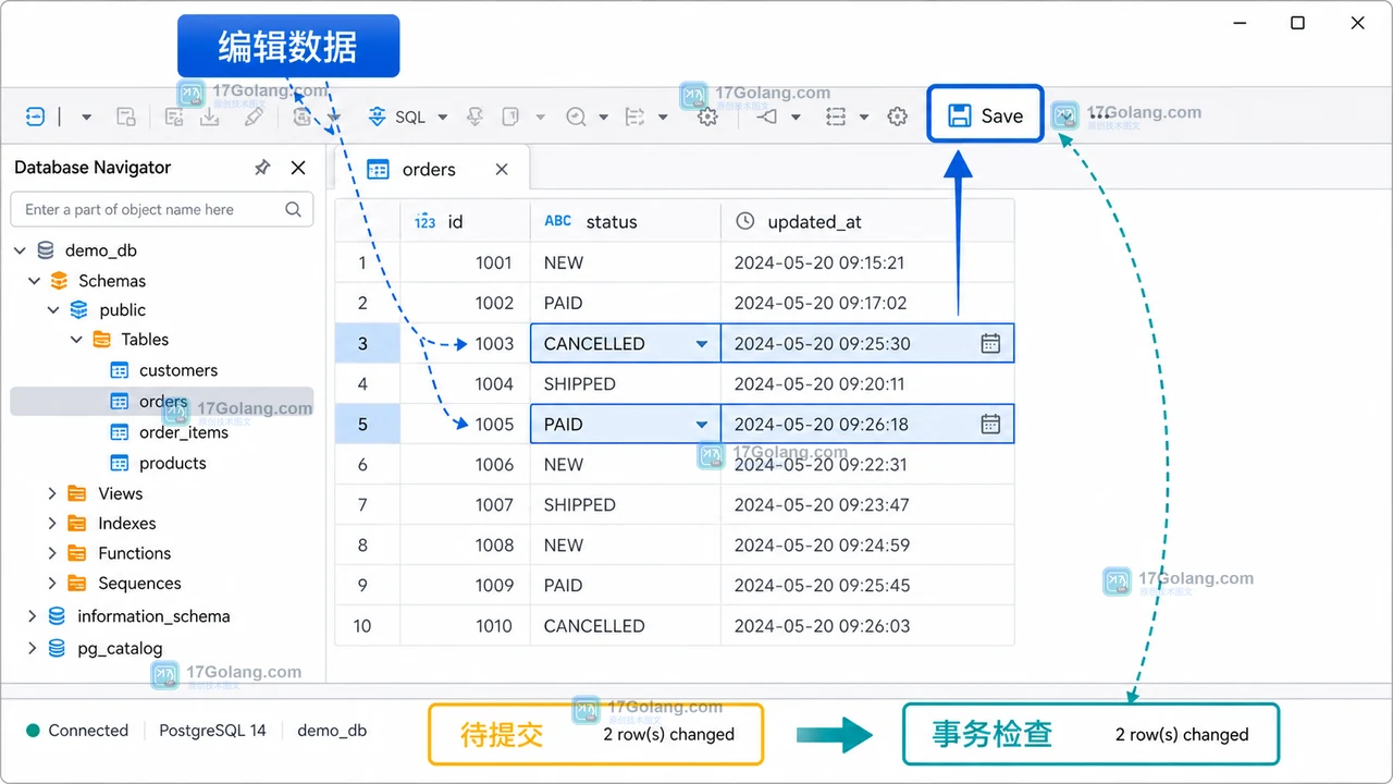 DBeaver Data Editor 批量编辑后由 Save 进入事务提交核对的界面状态