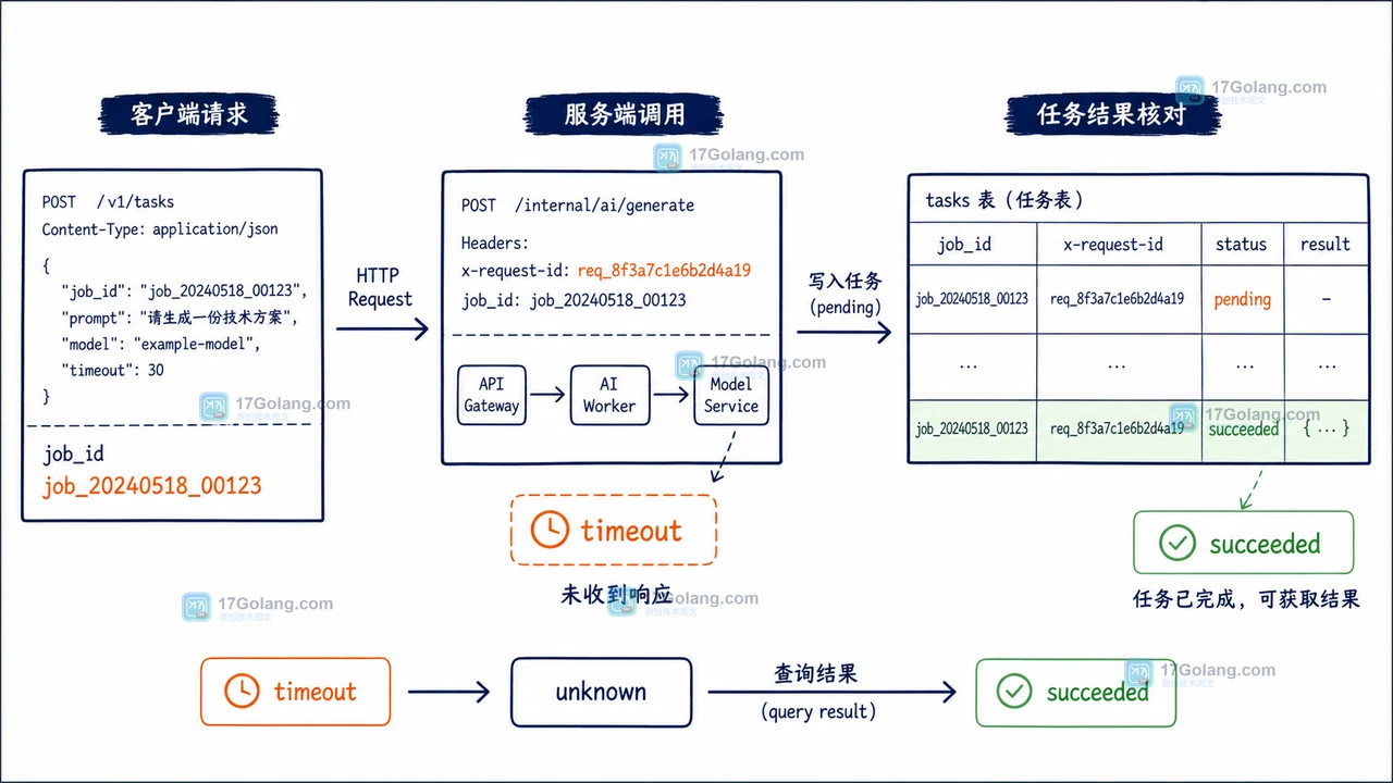 AI 接口 504 后先查什么：X-Client-Request-Id、退避上限与幂等键