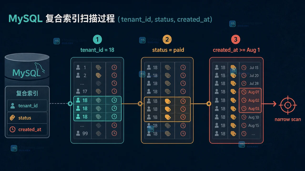 MySQL 组合索引怎么选列顺序：等值、范围与排序的执行边界