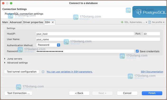 DBeaver SSH 配置页真实截图:Use SSH Tunnel、Host/IP、Port 和认证方式用于建立数据库隧道