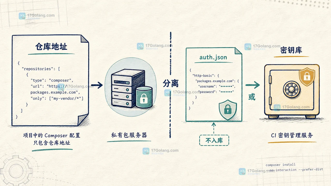 Composer 私有仓库认证怎么不进代码：auth.json、环境变量与 CI 检查