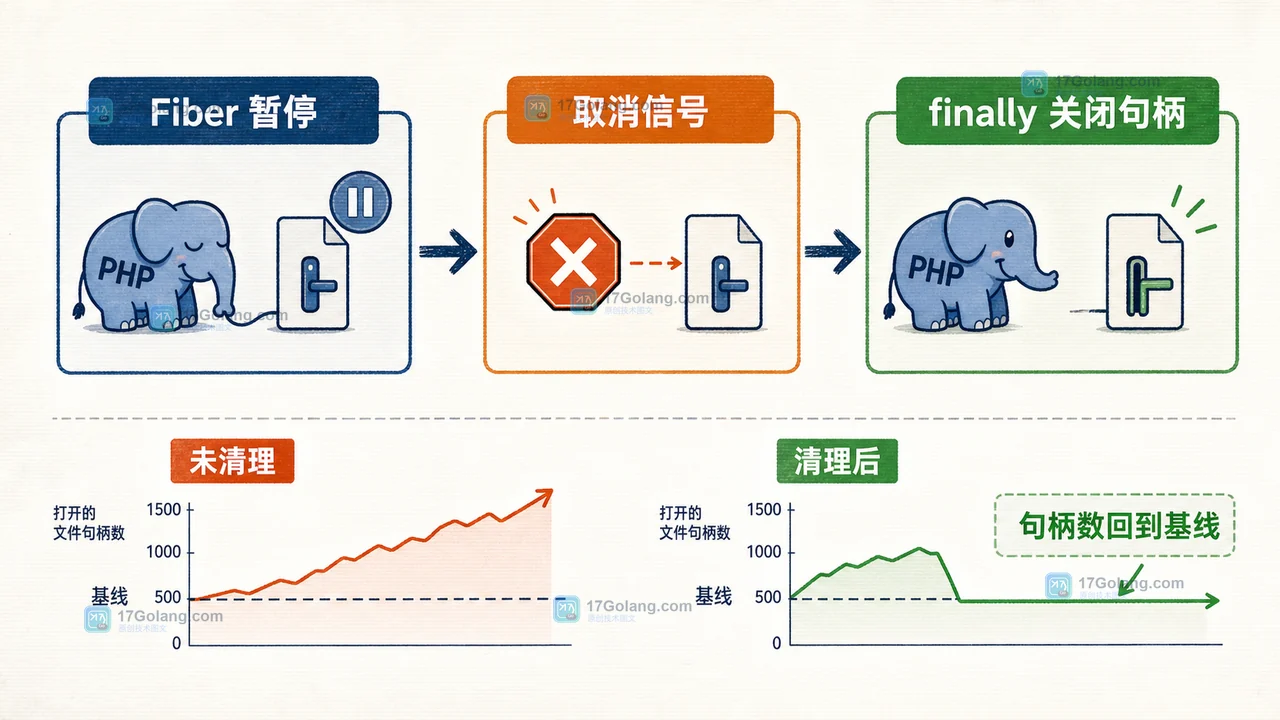PHP Fiber 中断后资源怎么收尾：finally、取消信号与协程状态验收
