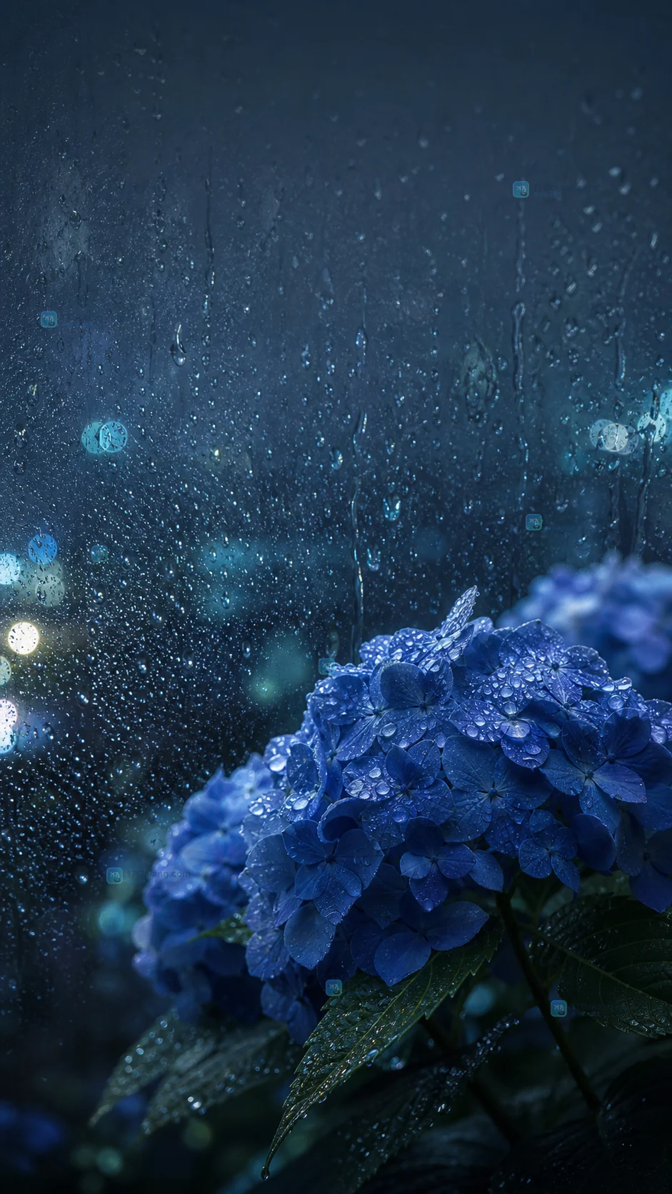 雨夜蓝绣球玻璃窗手机壁纸怎么生成：中英文提示词、锁屏留白与暖光变体