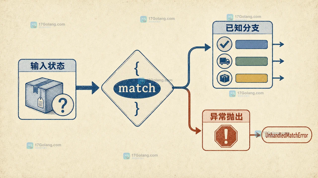 PHP match 状态映射示意:已知订单状态进入对应分支,未知状态进入 UnhandledMatchError