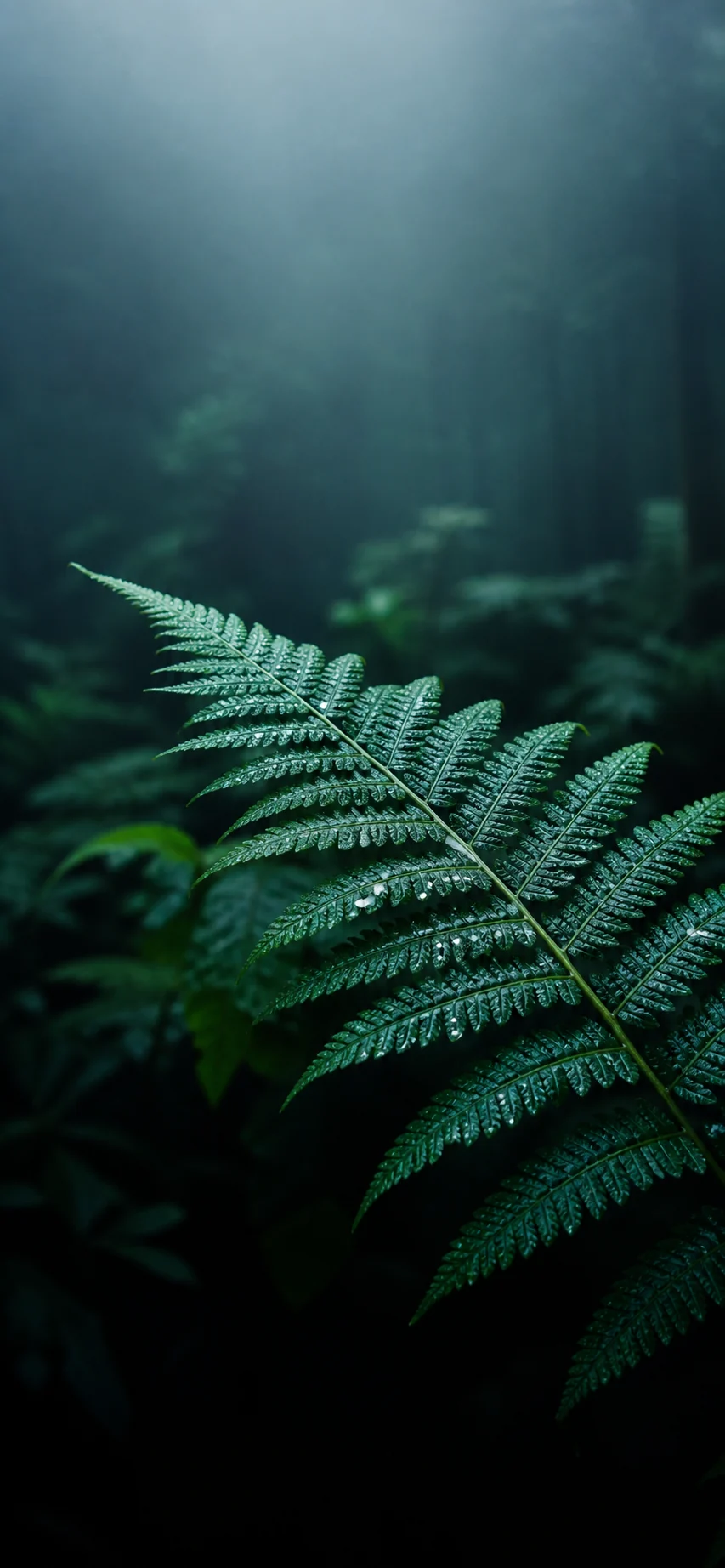雨后青绿色蕨叶手机壁纸提示词：锁屏留白与湿润光影变体