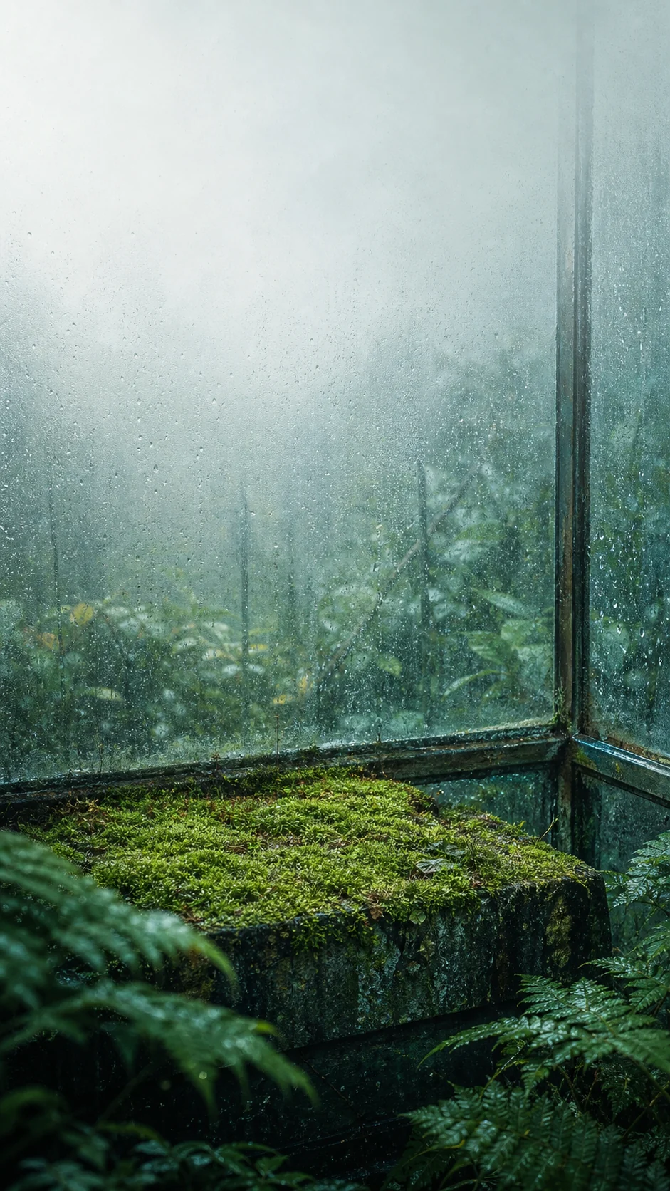 雨后苔藓玻璃温室手机壁纸提示词：冷绿雾光与暖灯变体