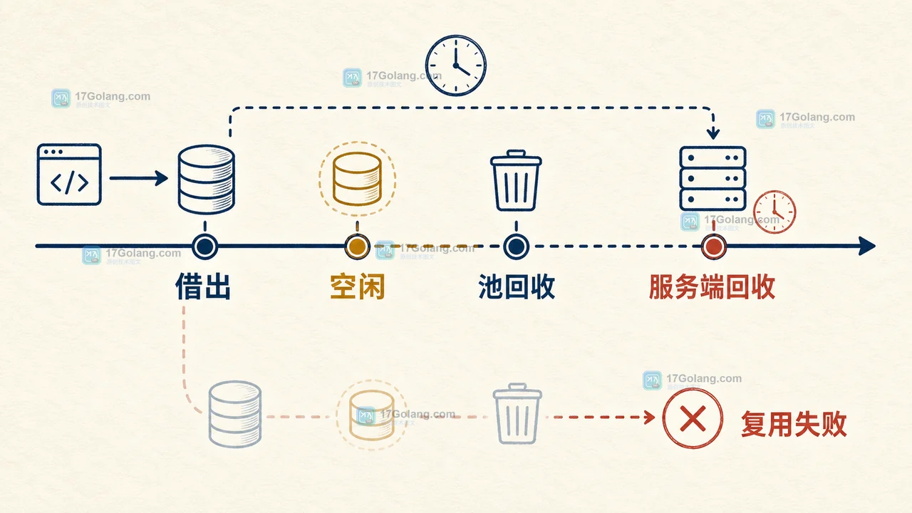 MySQL wait_timeout 与连接池空闲回收的时间线:连接借出、空闲、服务端回收和业务复用失败