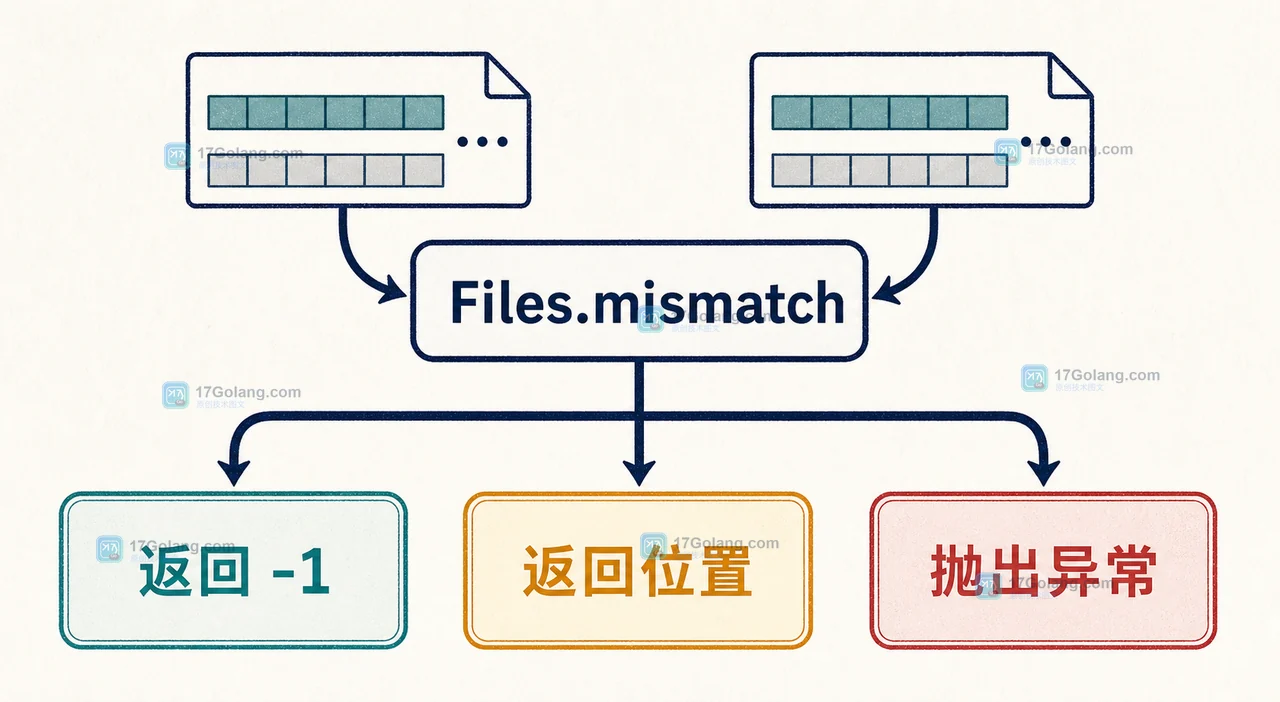 Java Files.mismatch 返回相同、首个差异位置或抛出异常三种结果的判断流程插画