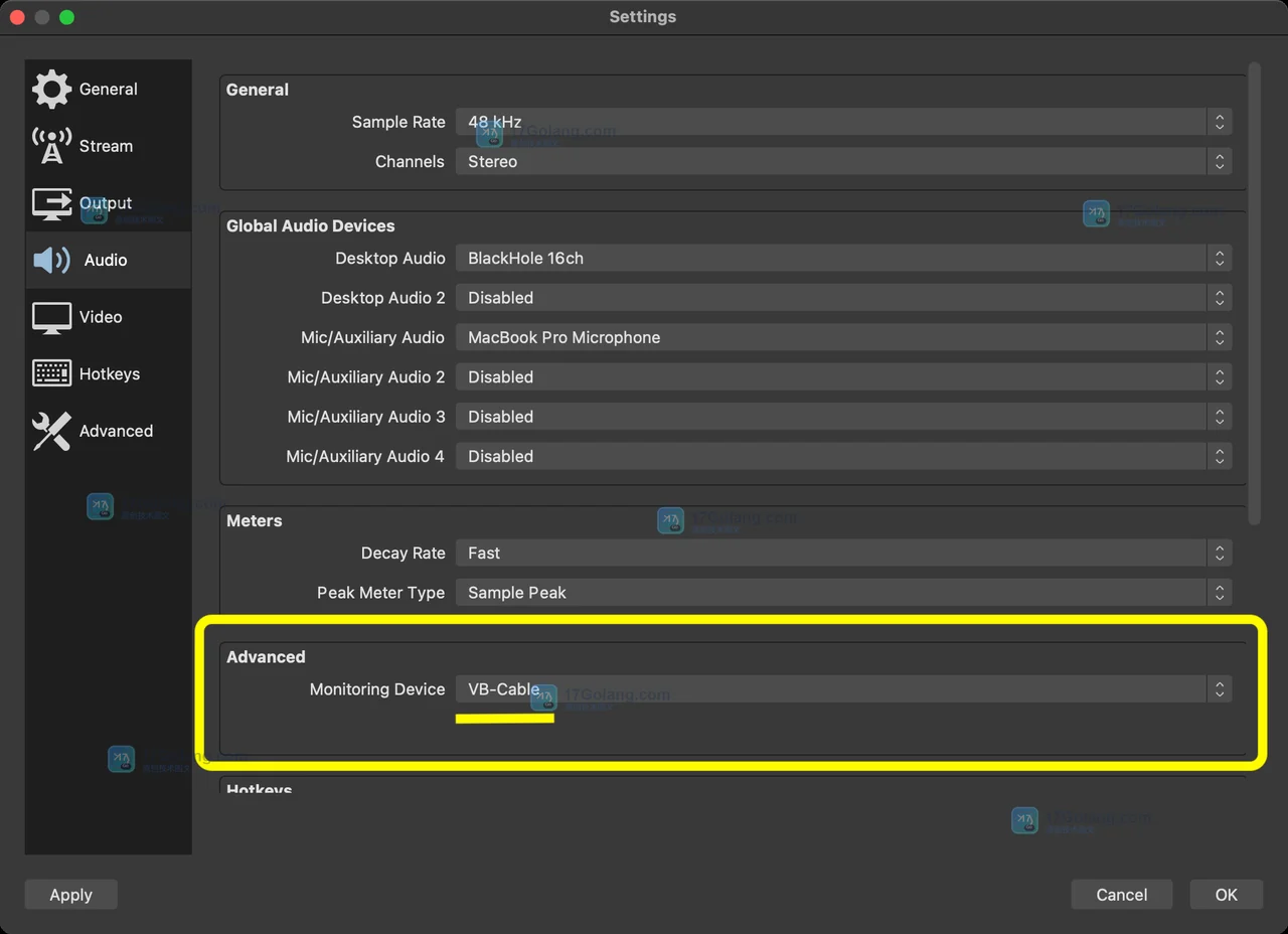 OBS Studio Settings Audio 中选择 Monitoring Device 的官方界面截图
