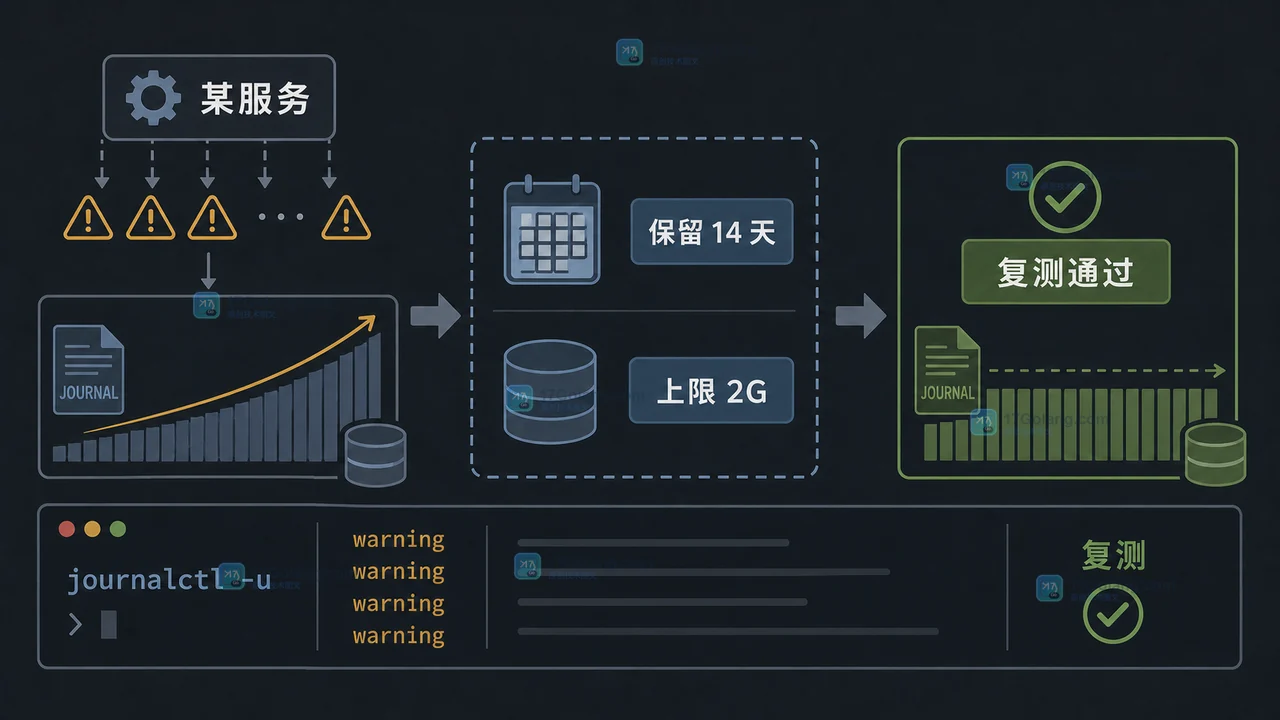 Linux journal 日志占满磁盘怎么处理：journalctl 用量核对、保留策略与安全清理