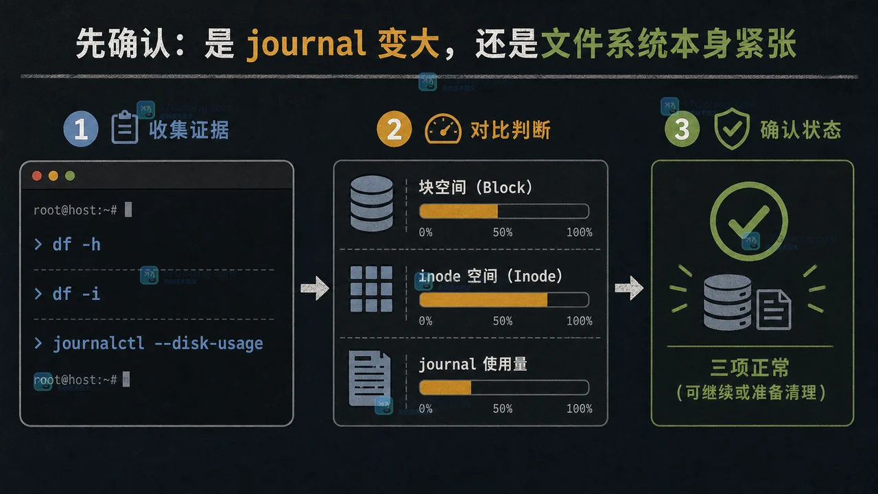 Linux journalctl 磁盘用量核对,df 空间、inode 与 journal 占用形成三项检查