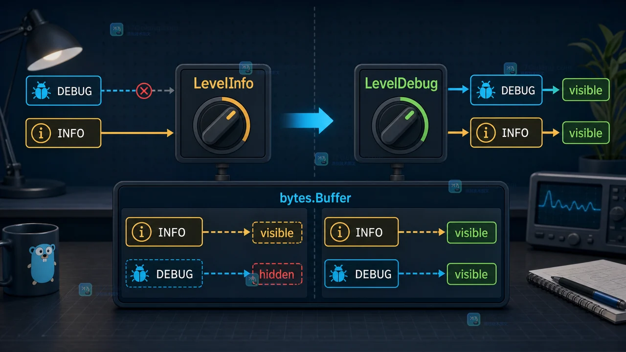 Go slog 使用 bytes.Buffer 验证 DEBUG 过滤与 LevelVar 动态切换