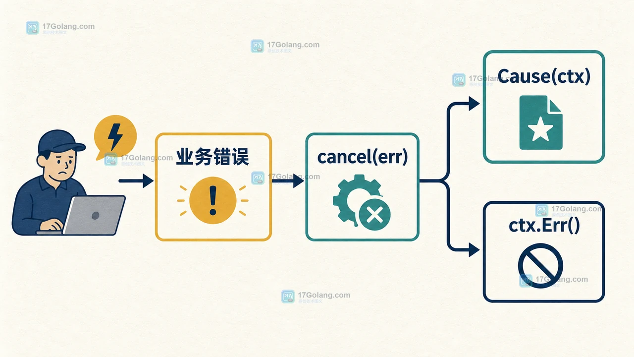 Go context.WithCancelCause 怎么传递真实失败原因：Cause、Err 与错误链的边界